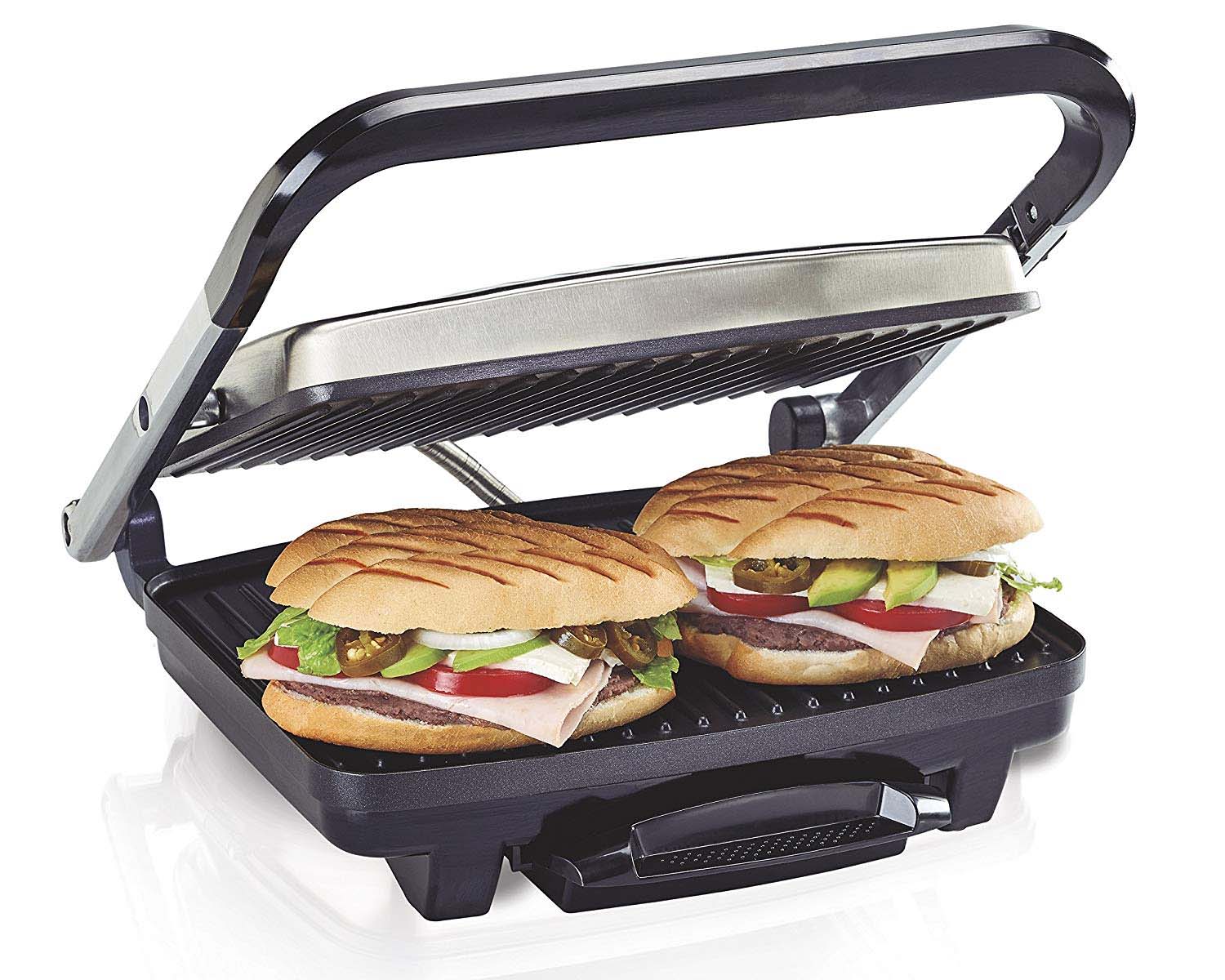 Hamilton Beach Panini Press, Sandwich Maker & Electric Indoor Grill, Upright Storage, Nonstick Easy Clean Grids, Stainless Steel (25410)