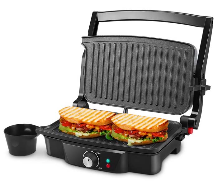 Panini Maker, iSiLER 4 Slice Panini Press Grill, Sandwich Maker with 2 Removable Drip Cups, Non-Stick Coated Plates, Opens 180 Degrees for Panini, Grilled Burgers, Steaks, Bacon